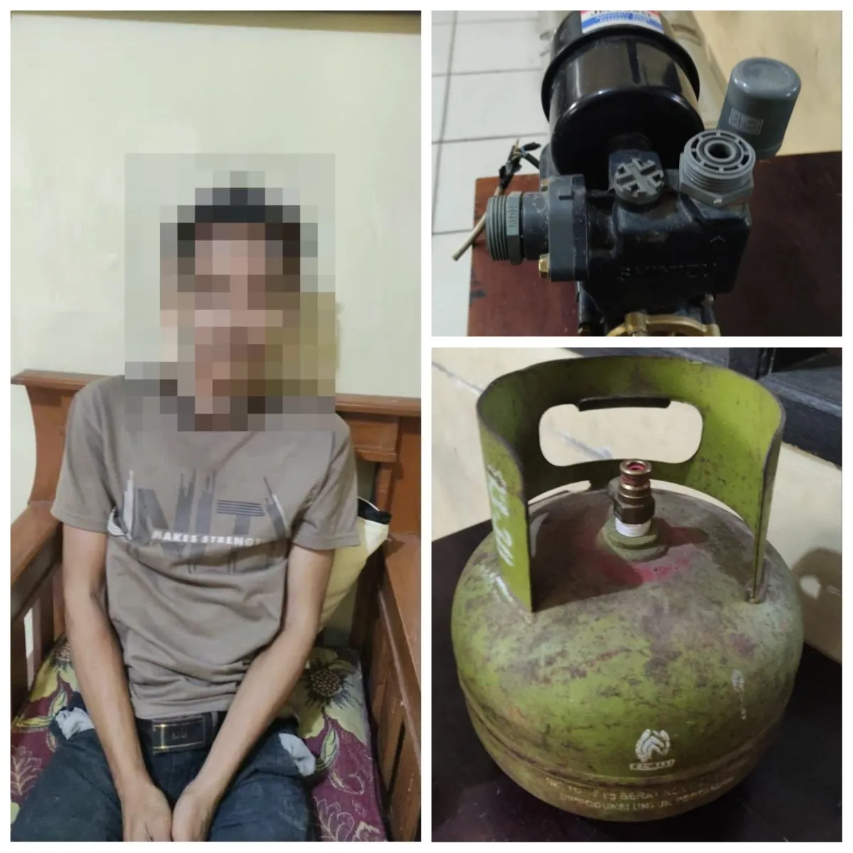Terduga pelaku dan barang bukti berupa pompa air serta tabung gas LPG 3 kilogram diamankan Polsek Lemahwungkuk, Kota Cirebon.